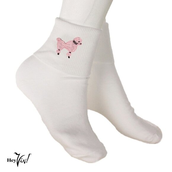Hey Viv! Accessories - 50s Style Pink Poodle White Cotton Bobby Socks - Adult Sz 9-11 - Hey Viv Retro